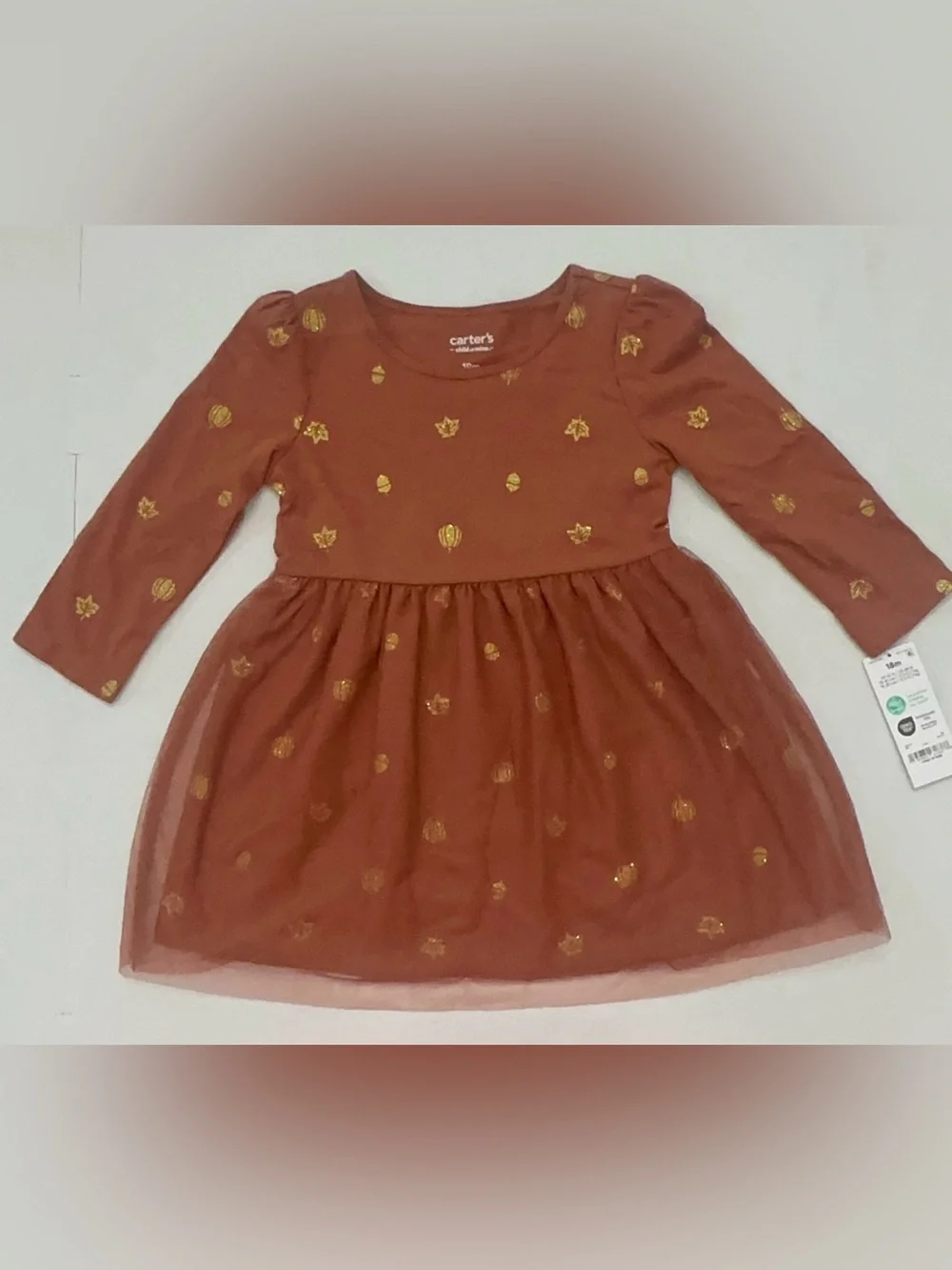 Carter's Girls Long Sleeve Brown Fall Dress with Gold Leaf Print Size 18 Months